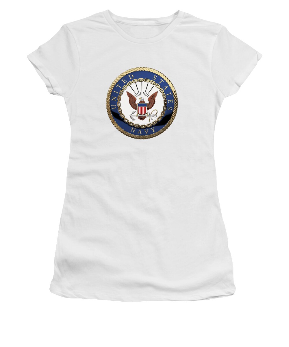 'military Insignia & Heraldry 3d' Collection By Serge Averbukh Women's T-Shirt featuring the digital art U. S. Navy - U S N Emblem over White Leather #1 by Serge Averbukh