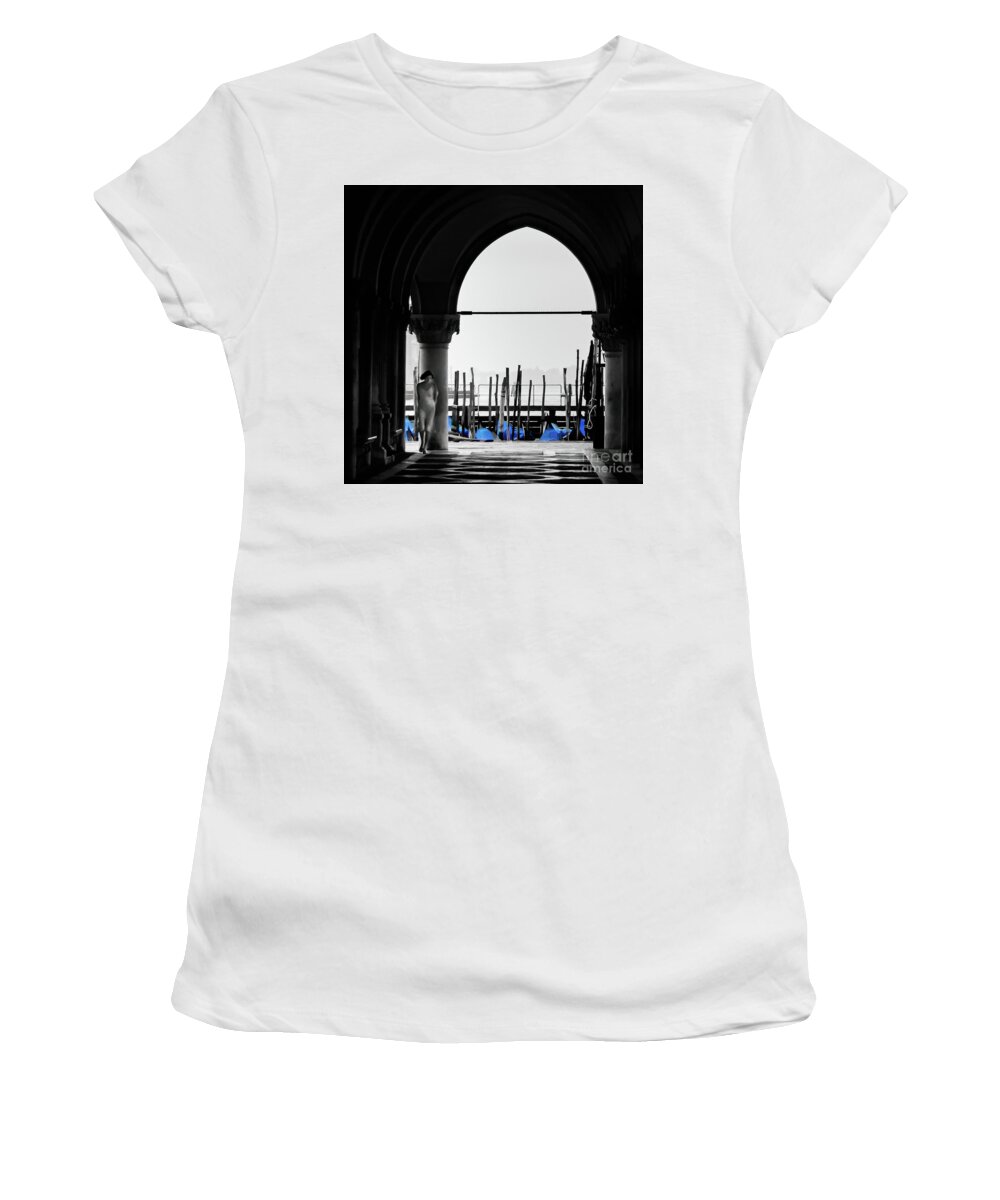 B&w Women's T-Shirt featuring the photograph Woman At Doges Palace by Doug Sturgess