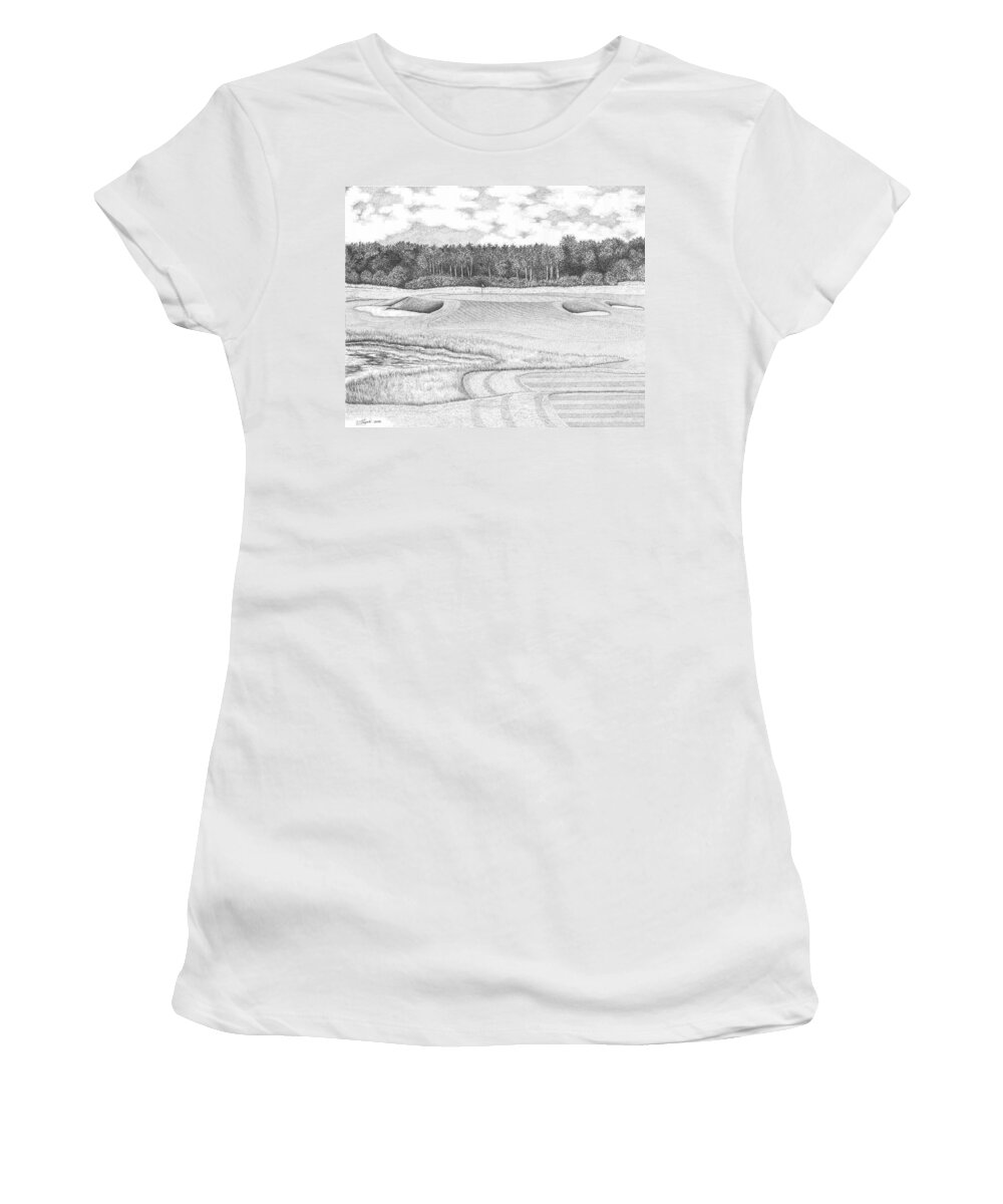 Golf Women's T-Shirt featuring the drawing 11th Hole - Trump National Golf Club by Lawrence Tripoli