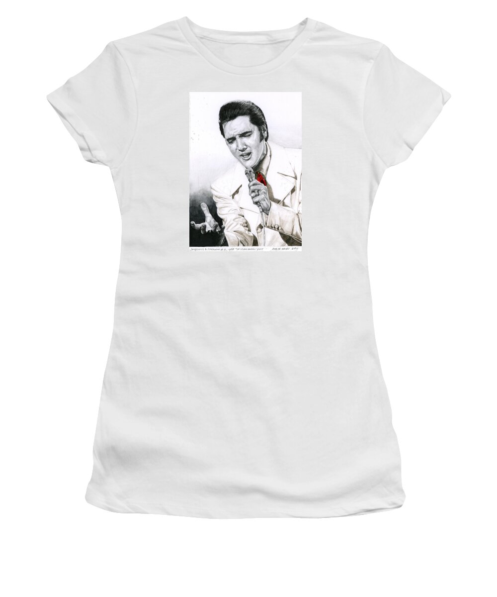 Elvis Women's T-Shirt featuring the drawing 1968 White If I Can Dream Suit by Rob De Vries