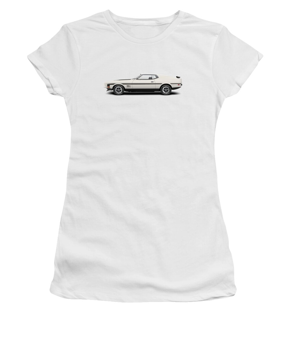 1970 Women's T-Shirt featuring the digital art 1971 Ford Mustang Mach 1 - Wimbledon White by Ed Jackson