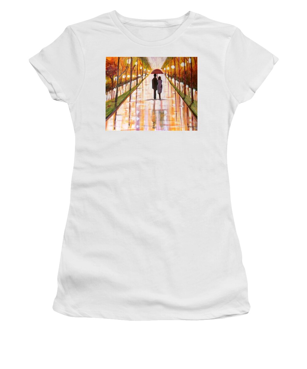 Surreal Painting Abstract Rain Romantic Romance Love Umbrella Lights Figures Garden Wet Road Reflection Valentine Green Women's T-Shirt featuring the painting A Rainy Day #2 by Manjiri Kanvinde