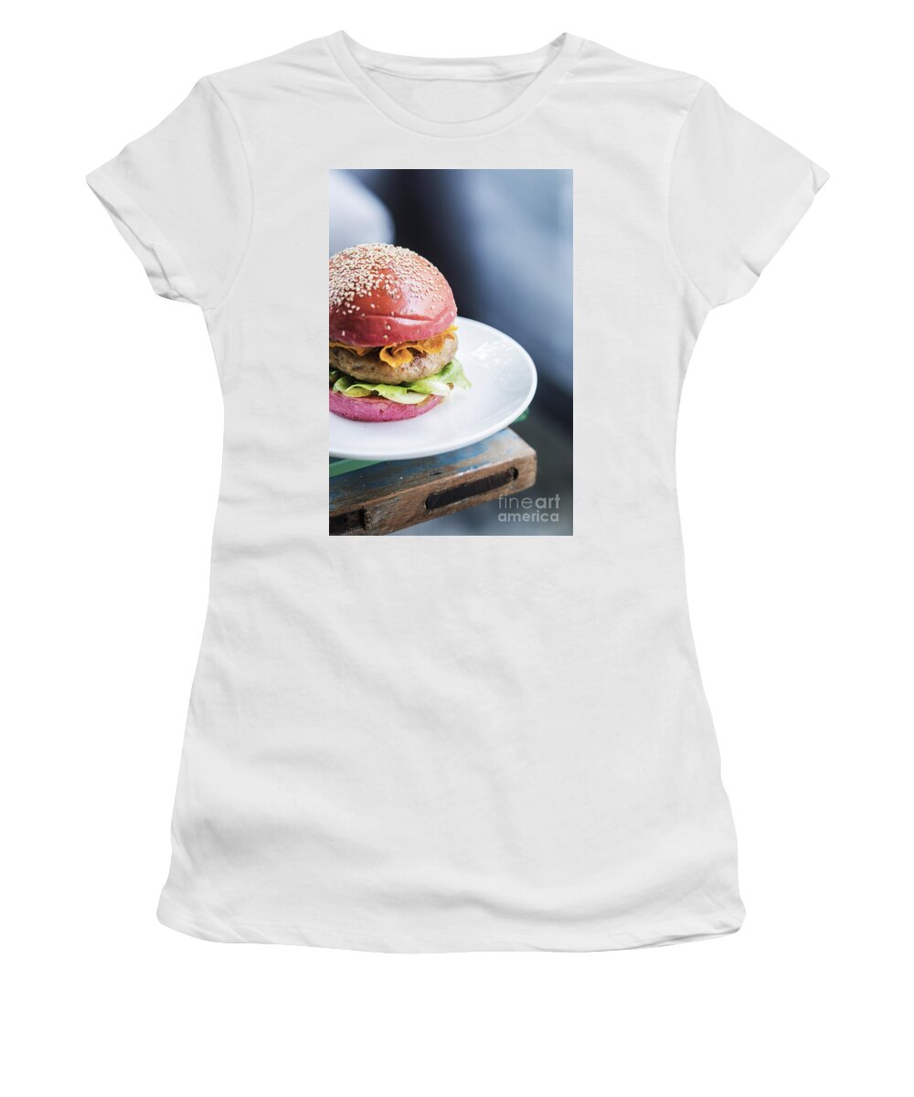 Alternative Women's T-Shirt featuring the photograph Chicken Burger With Gherkins Beetroot Bread Bun #2 by JM Travel Photography
