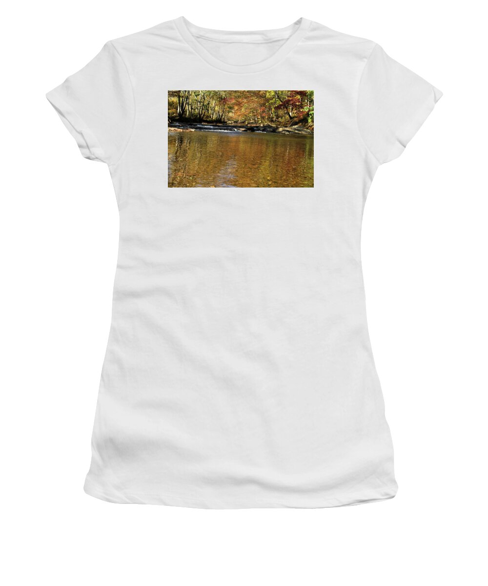 Water Women's T-Shirt featuring the photograph Creek water flowing through woods in autumn #2 by Emanuel Tanjala