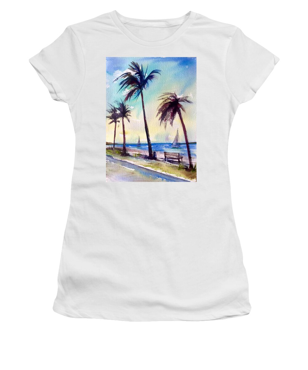 Ocean Women's T-Shirt featuring the painting Evening solitude #2 by Katerina Kovatcheva