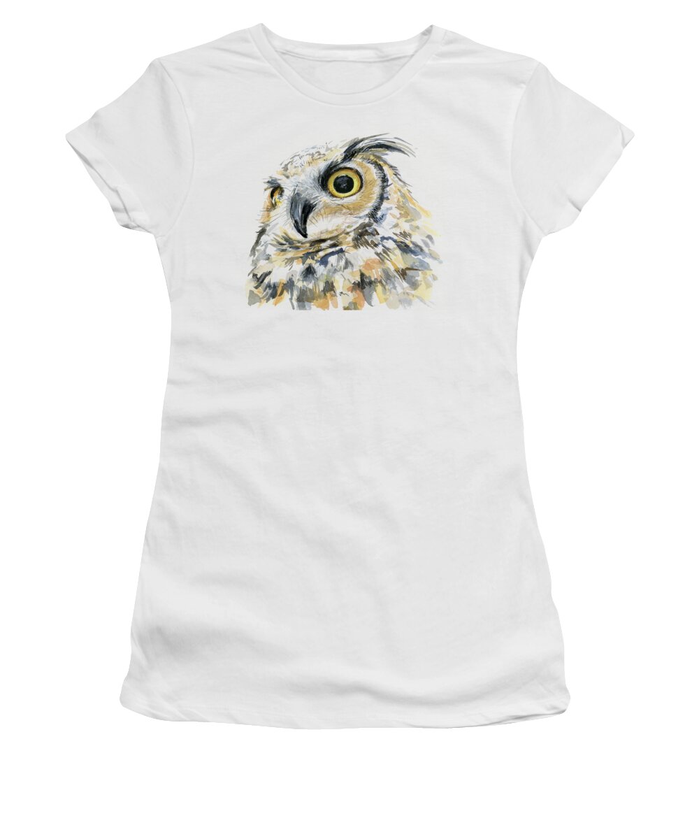 Owl Women's T-Shirt featuring the painting Great Horned Owl Watercolor by Olga Shvartsur