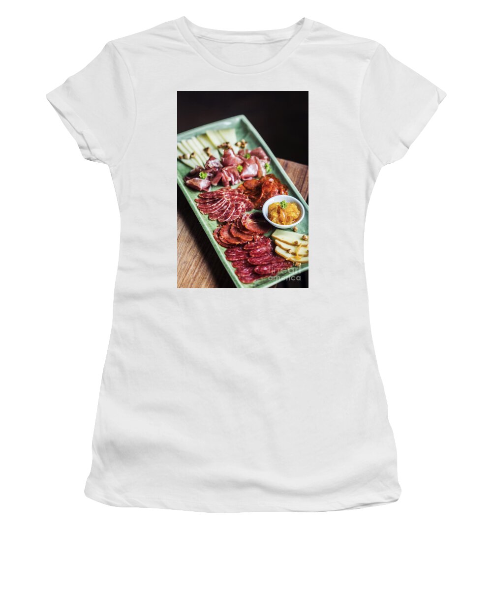 Charcuterie Women's T-Shirt featuring the photograph Spanish Smoked Meats Ham And Cheese Platter Starter Dish #2 by JM Travel Photography