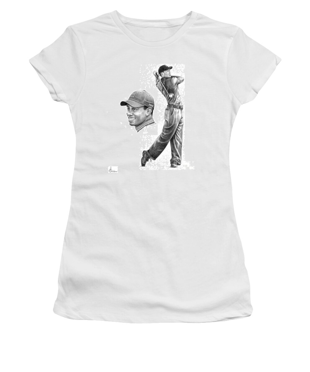 Drawings Women's T-Shirt featuring the drawing Tiger Woods #2 by Murphy Elliott