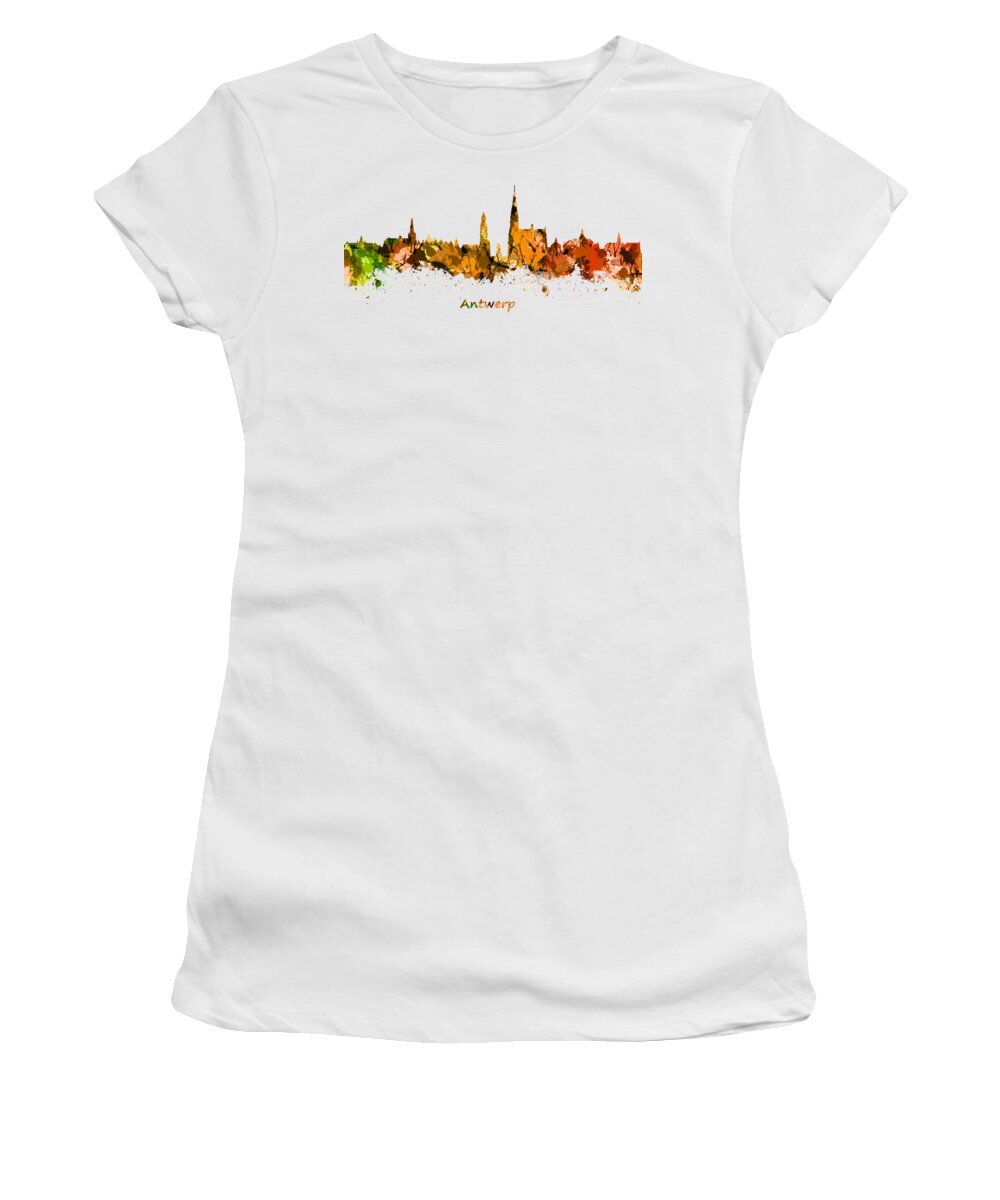 Antwerp Women's T-Shirt featuring the photograph Watercolor art print of the skyline of Antwerp in Belgium #2 by Chris Smith