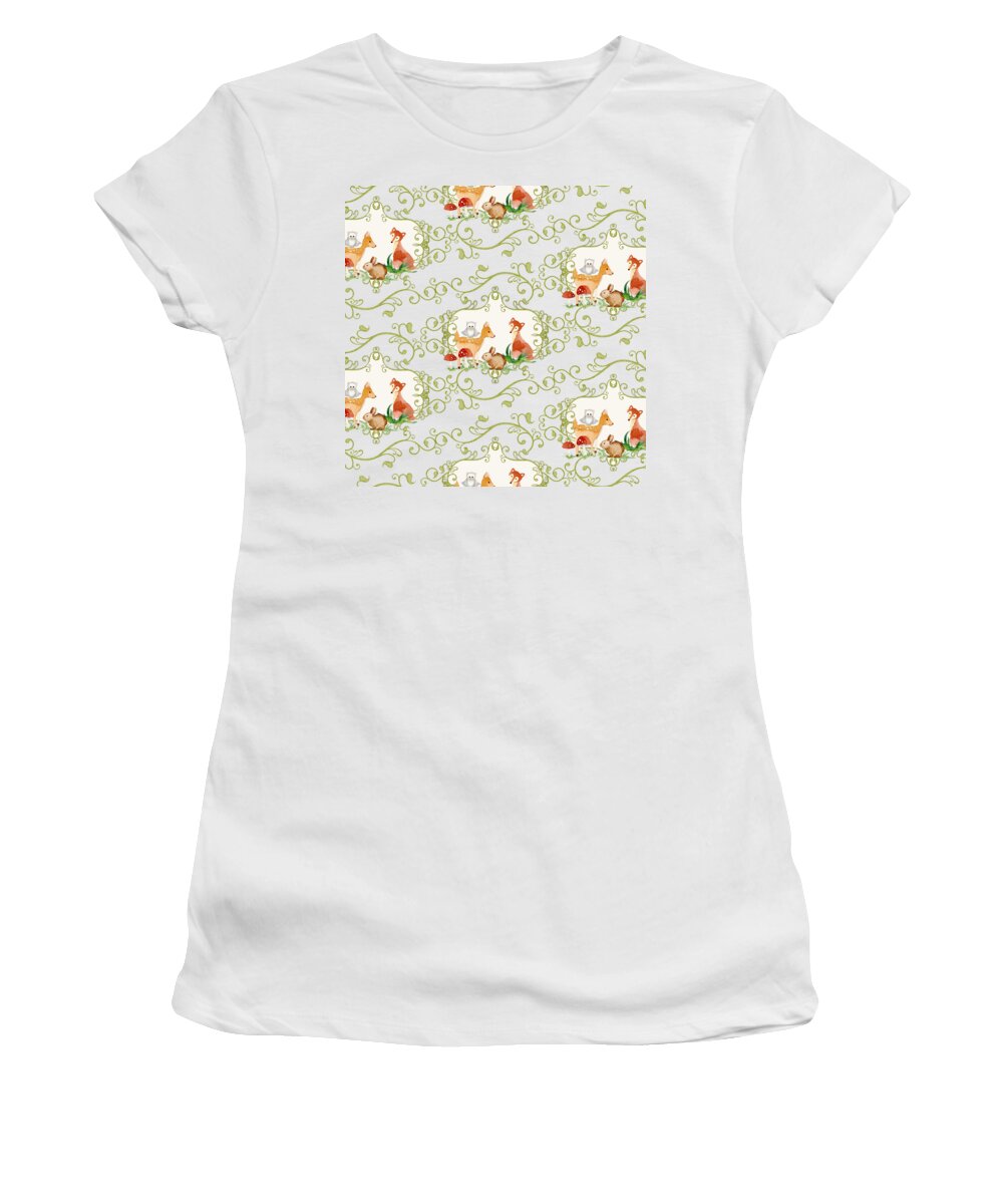Woodchuck Women's T-Shirt featuring the painting Woodland Fairytale - Animals Deer Owl Fox Bunny n Mushrooms by Audrey Jeanne Roberts