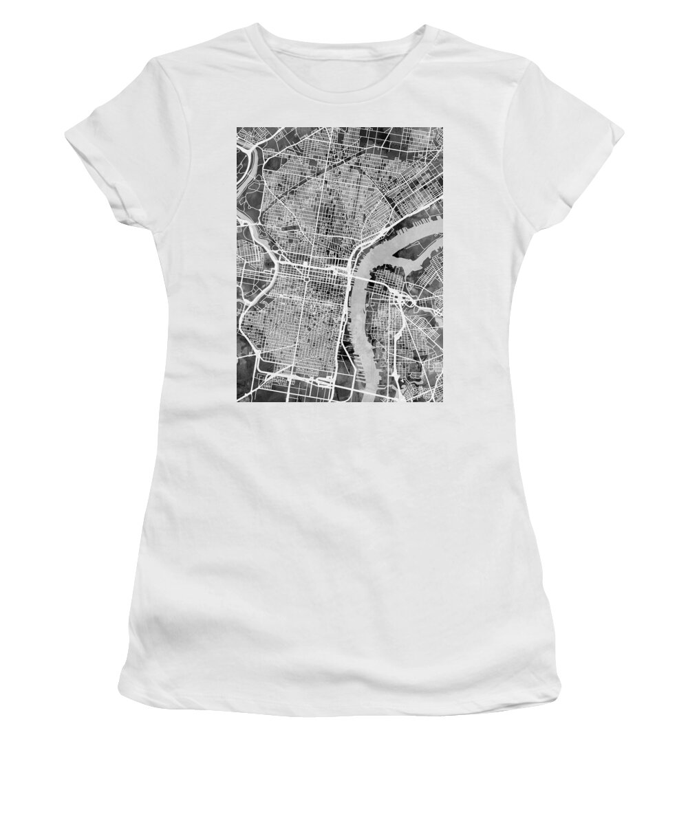 Street Map Women's T-Shirt featuring the digital art Philadelphia Pennsylvania Street Map #4 by Michael Tompsett