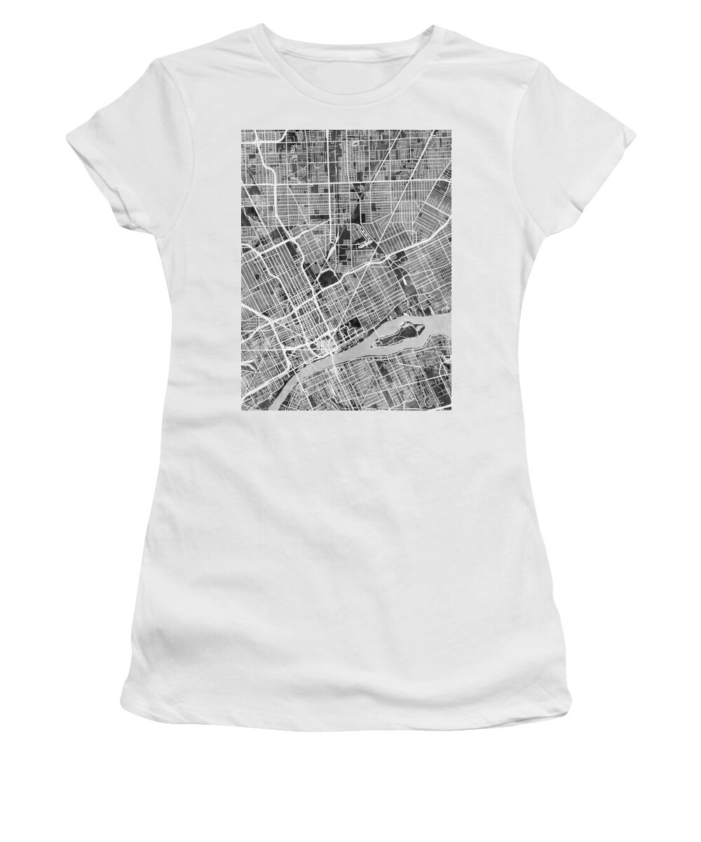 Detroit Women's T-Shirt featuring the digital art Detroit Michigan City Map #5 by Michael Tompsett
