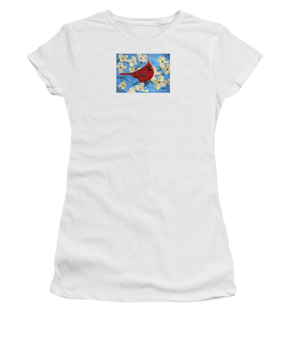 Cardinal Women's T-Shirt featuring the painting A Cardinal Spring by Angela Davies