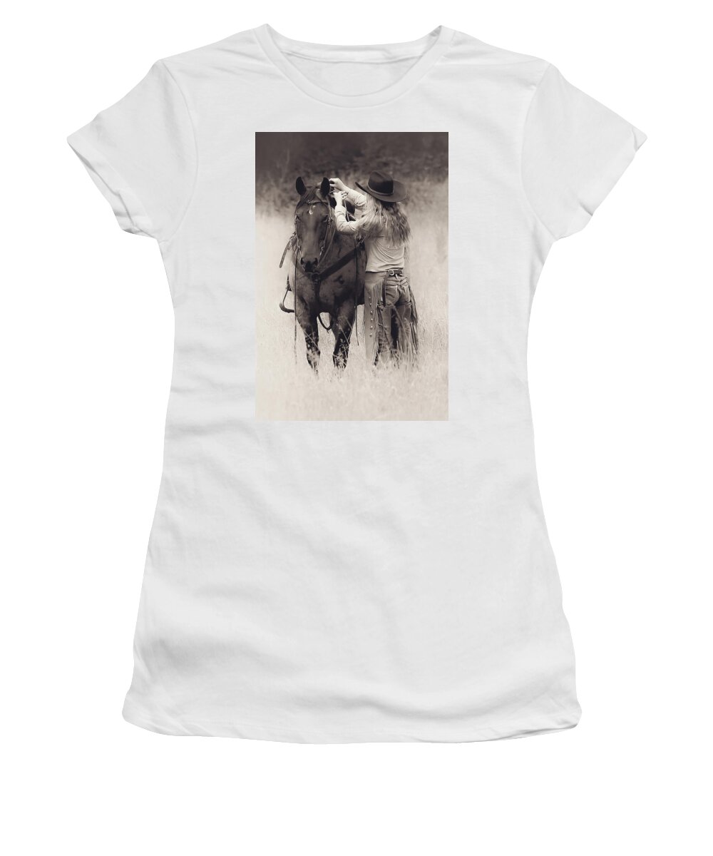 Cowgirl Women's T-Shirt featuring the photograph A Cowgirls Love BW by Athena Mckinzie