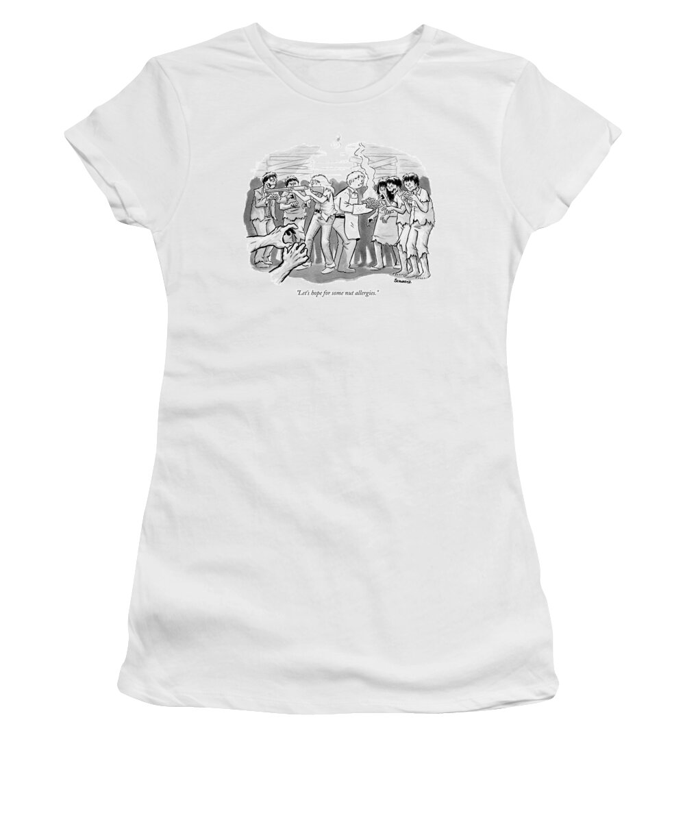 let's Hope For Some Nut Allergies. Women's T-Shirt featuring the drawing A Man And A Woman Stand In The Middle Of A Horde by Benjamin Schwartz