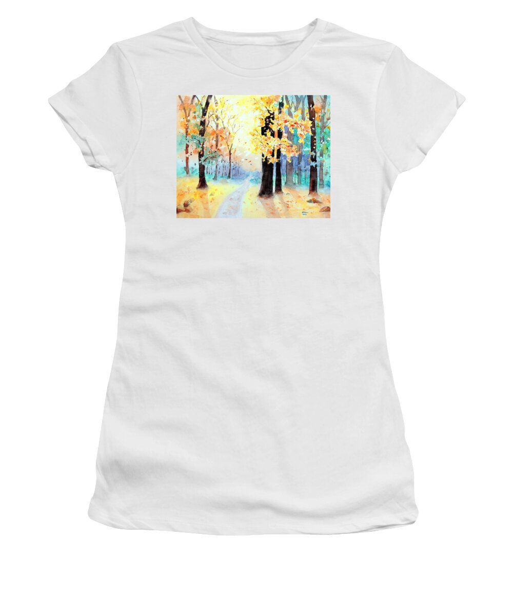 Autumn Women's T-Shirt featuring the painting A Walk in the Woods by Jerry Fair