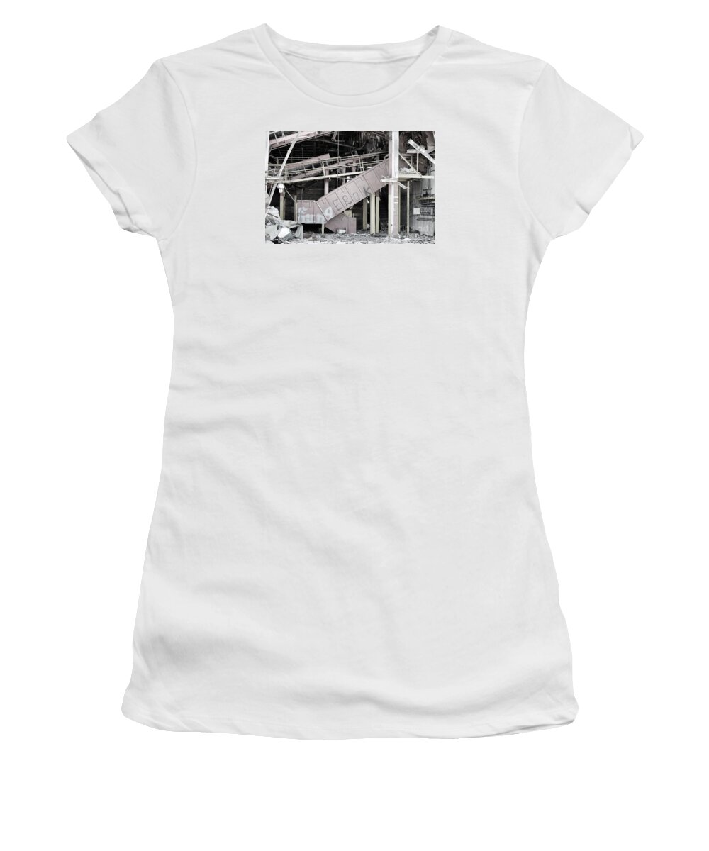 Black White Monochrome Abandoned Factory Abandoned Decrepit Old Burn Burned Women's T-Shirt featuring the photograph Abandoned Factory No 1 1887 by Ken DePue