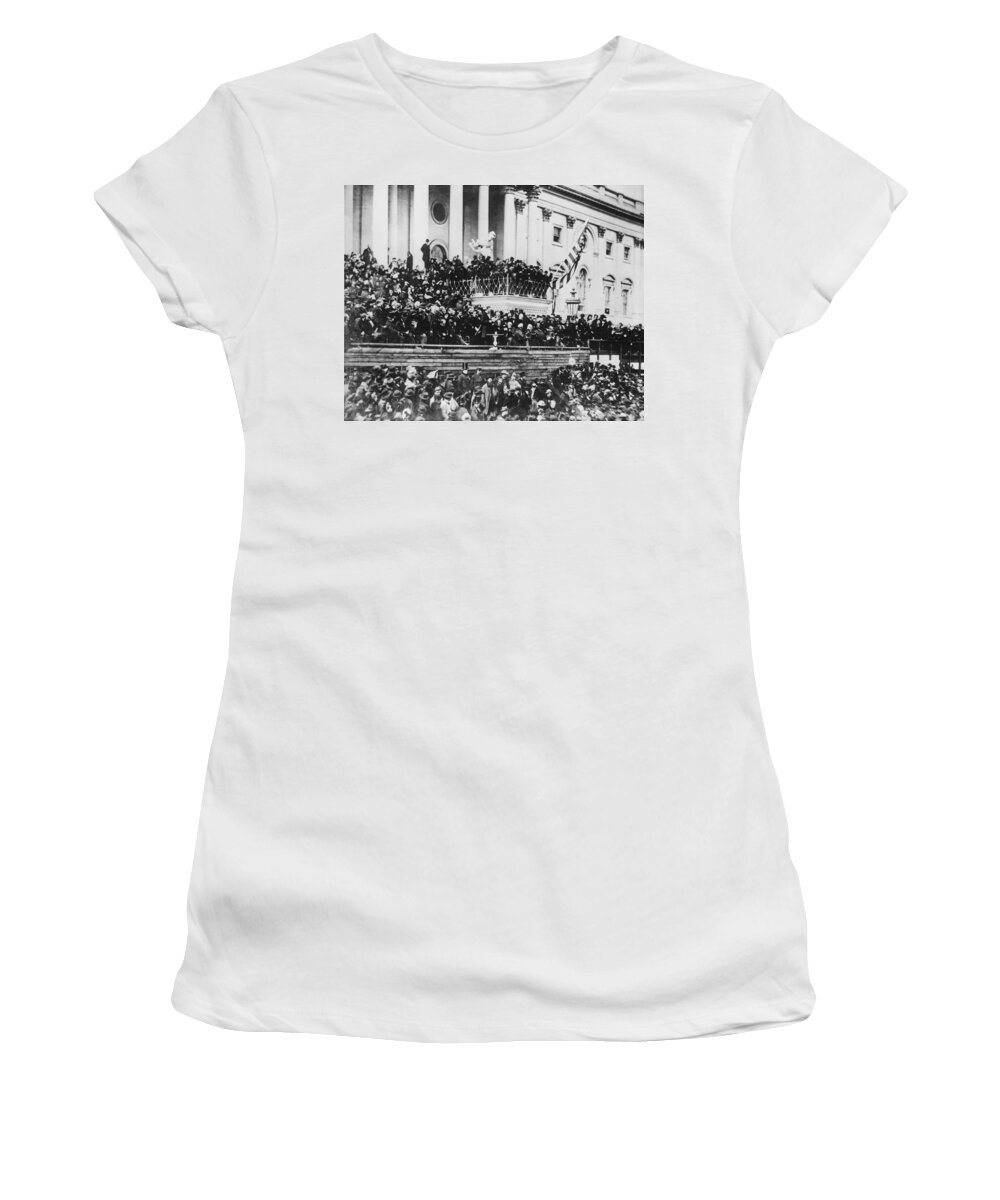 second Inaugural Address Women's T-Shirt featuring the photograph Abraham Lincoln gives his second inaugural address - March 4 1865 by International Images