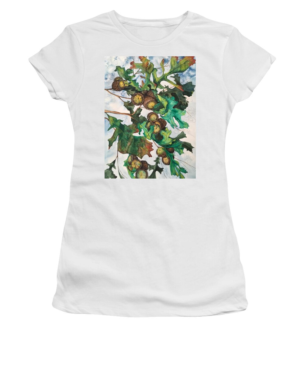 Watercolor Women's T-Shirt featuring the mixed media Acorns on an Oak by Mastiff Studios