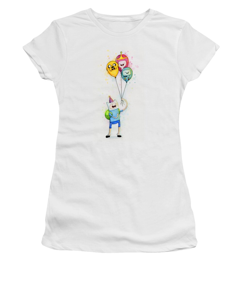 Jake Women's T-Shirt featuring the painting Adventure Time Finn with Birthday Balloons Jake Princess Bubblegum BMO by Olga Shvartsur