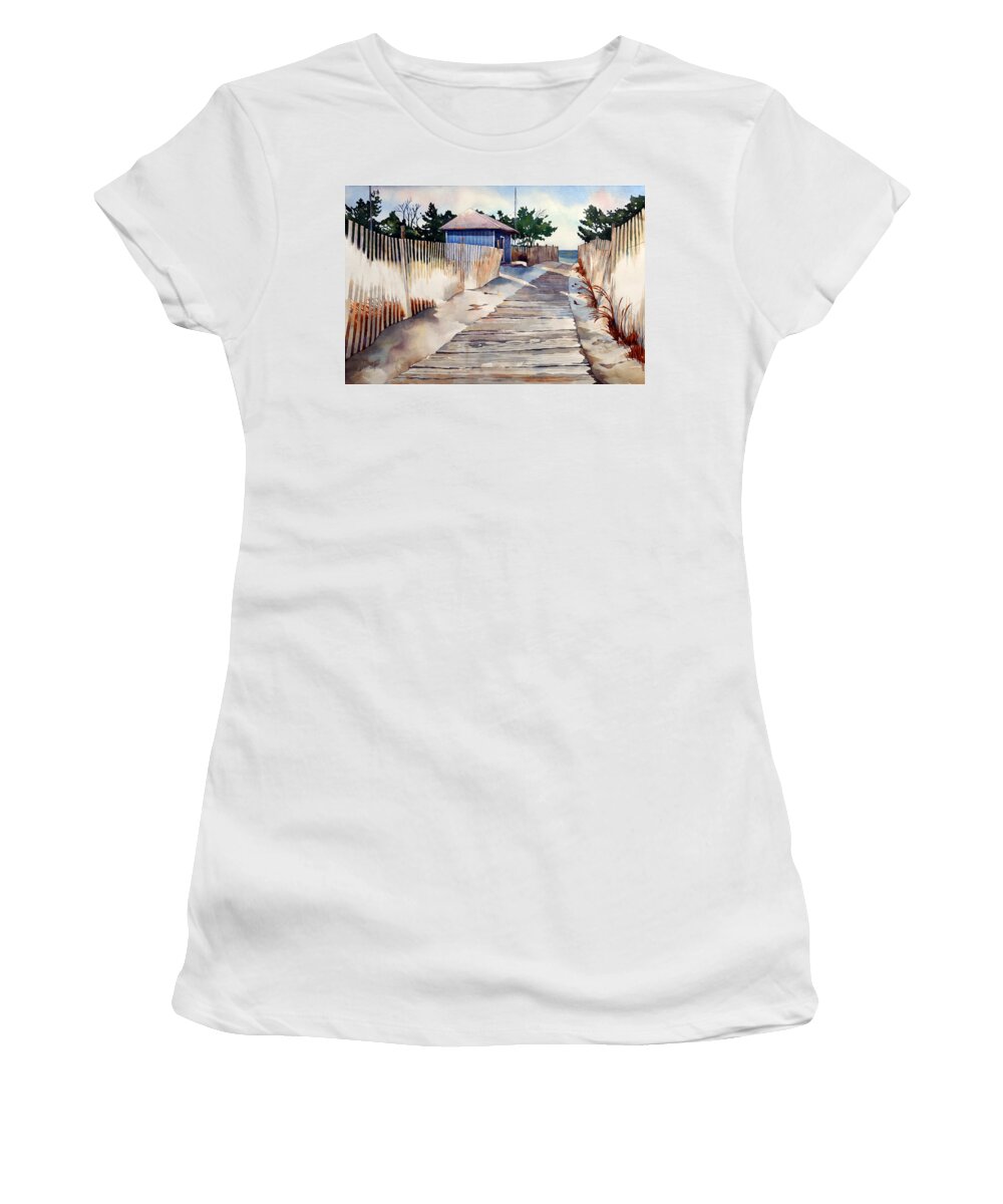 Landscape Watercolor Nature Beach Atlantic Ocean Rehoboth Beach Women's T-Shirt featuring the painting After the Boys of Summer by Mick Williams