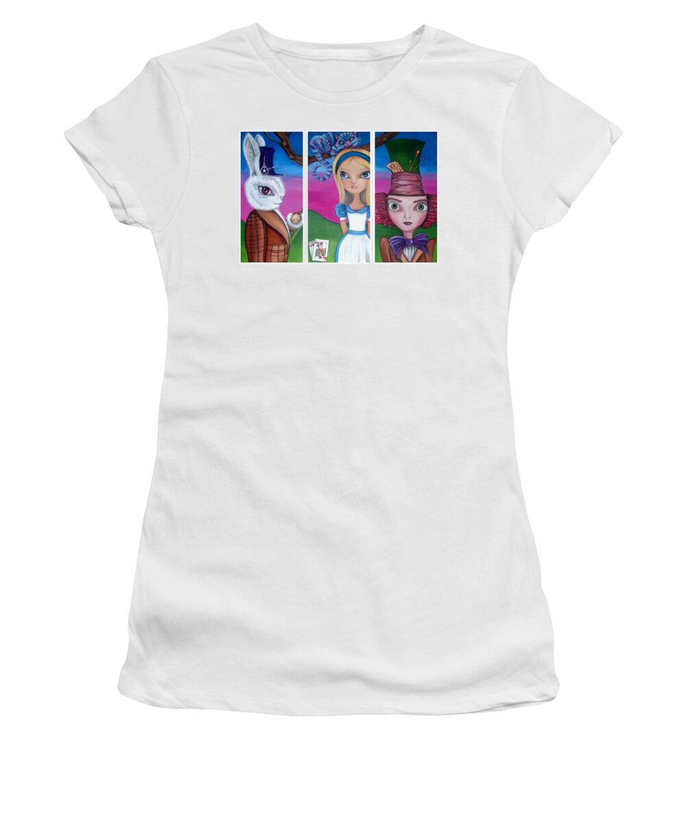 Alice In Wonderland Women's T-Shirt featuring the painting Alice in Wonderland Inspired Triptych by Jaz Higgins