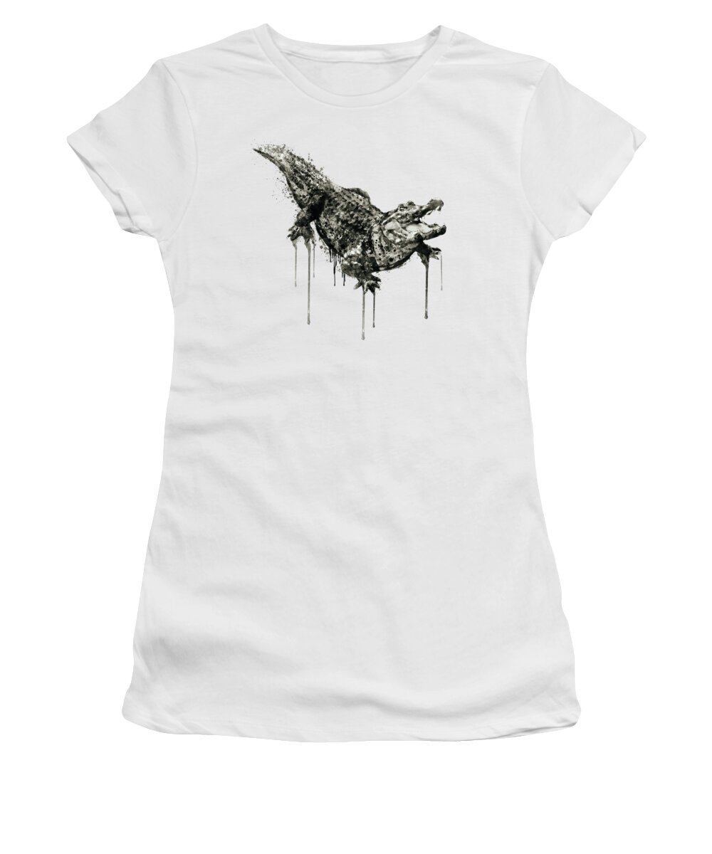 Marian Voicu Women's T-Shirt featuring the painting Alligator Black and White by Marian Voicu