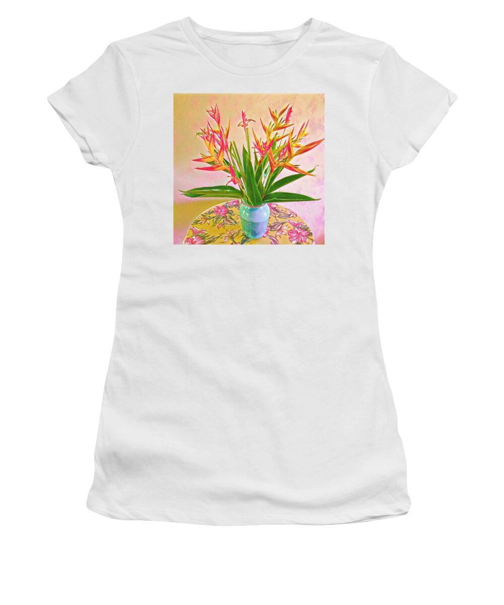 #alohabouquetoftheday #halyconia #birds #pink Women's T-Shirt featuring the photograph Aloha Bouquet of the Day Halyconia and Birds in Pink by Joalene Young