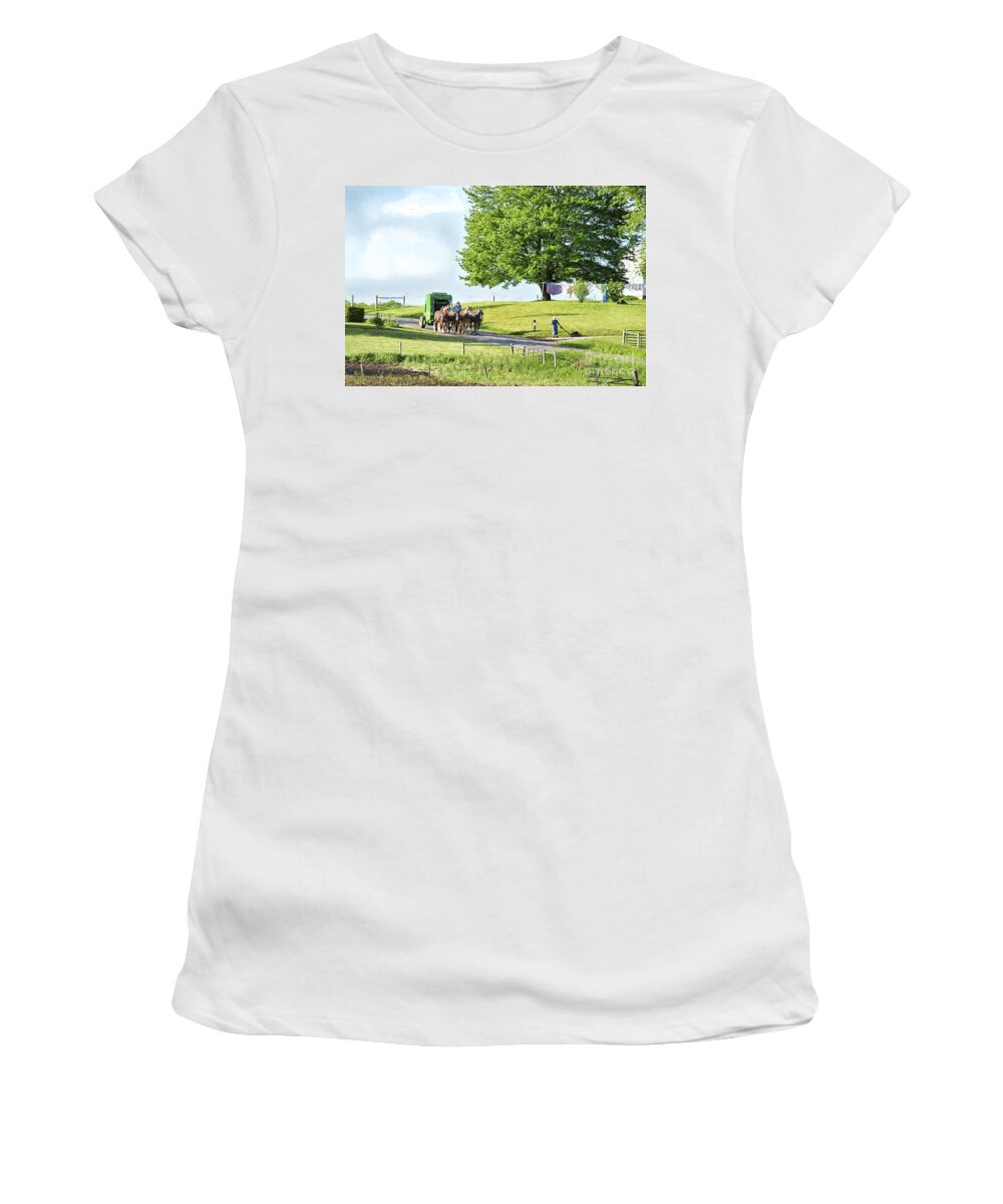 Amish Women's T-Shirt featuring the photograph Amish Horses Pulling Hay Baler by David Arment
