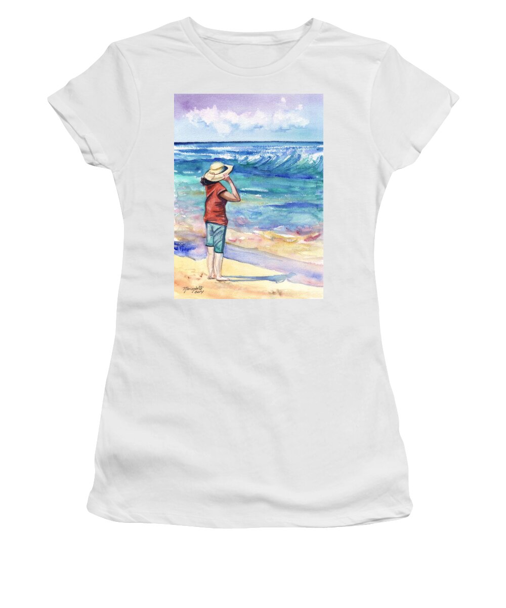 Woman On Beach Women's T-Shirt featuring the painting Another Nice Day at the Beach by Marionette Taboniar
