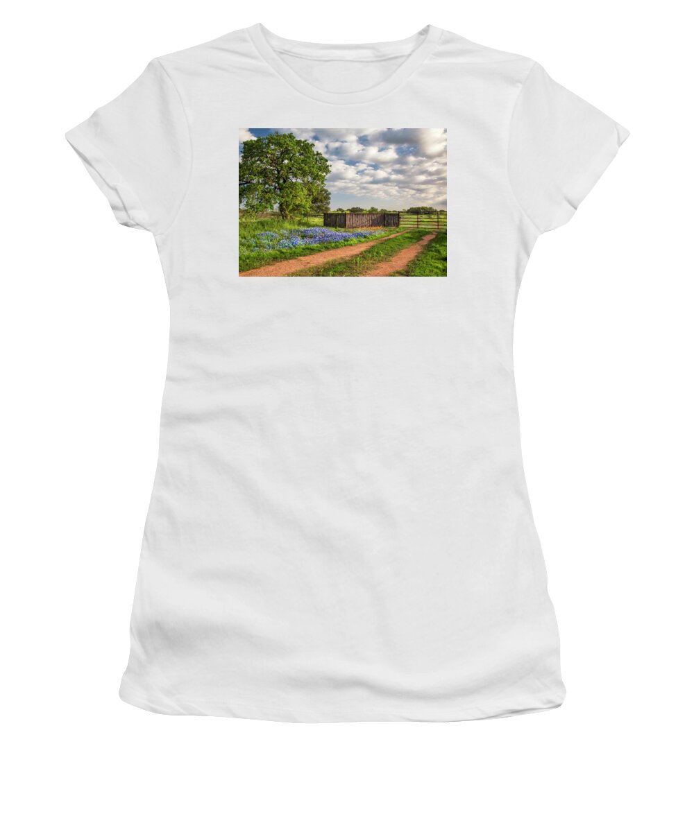 Texas Women's T-Shirt featuring the photograph Texas Bluebonnet Ranch Road by Harriet Feagin