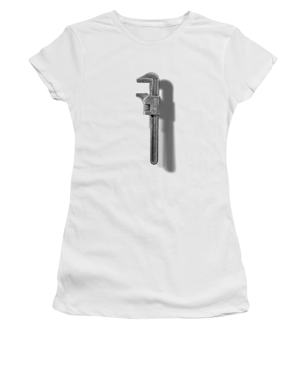 Adjustable Wrench Women's T-Shirt featuring the photograph Antique Adjustable Wrench Front in Black and White by YoPedro