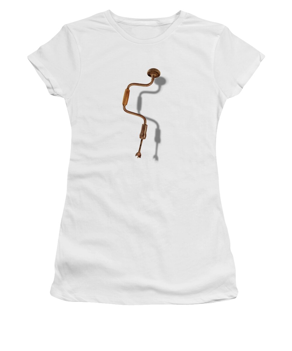Vintage Drill Women's T-Shirt featuring the photograph Antique Bit Brace and Drill Bit Floating on White by YoPedro