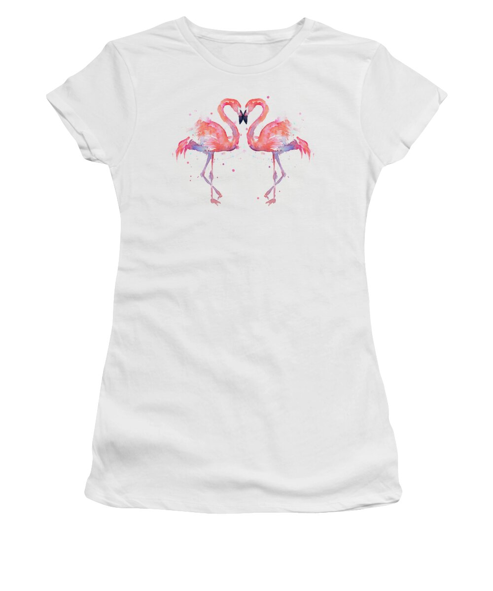 Watercolor Women's T-Shirt featuring the painting Flamingo Love Watercolor by Olga Shvartsur