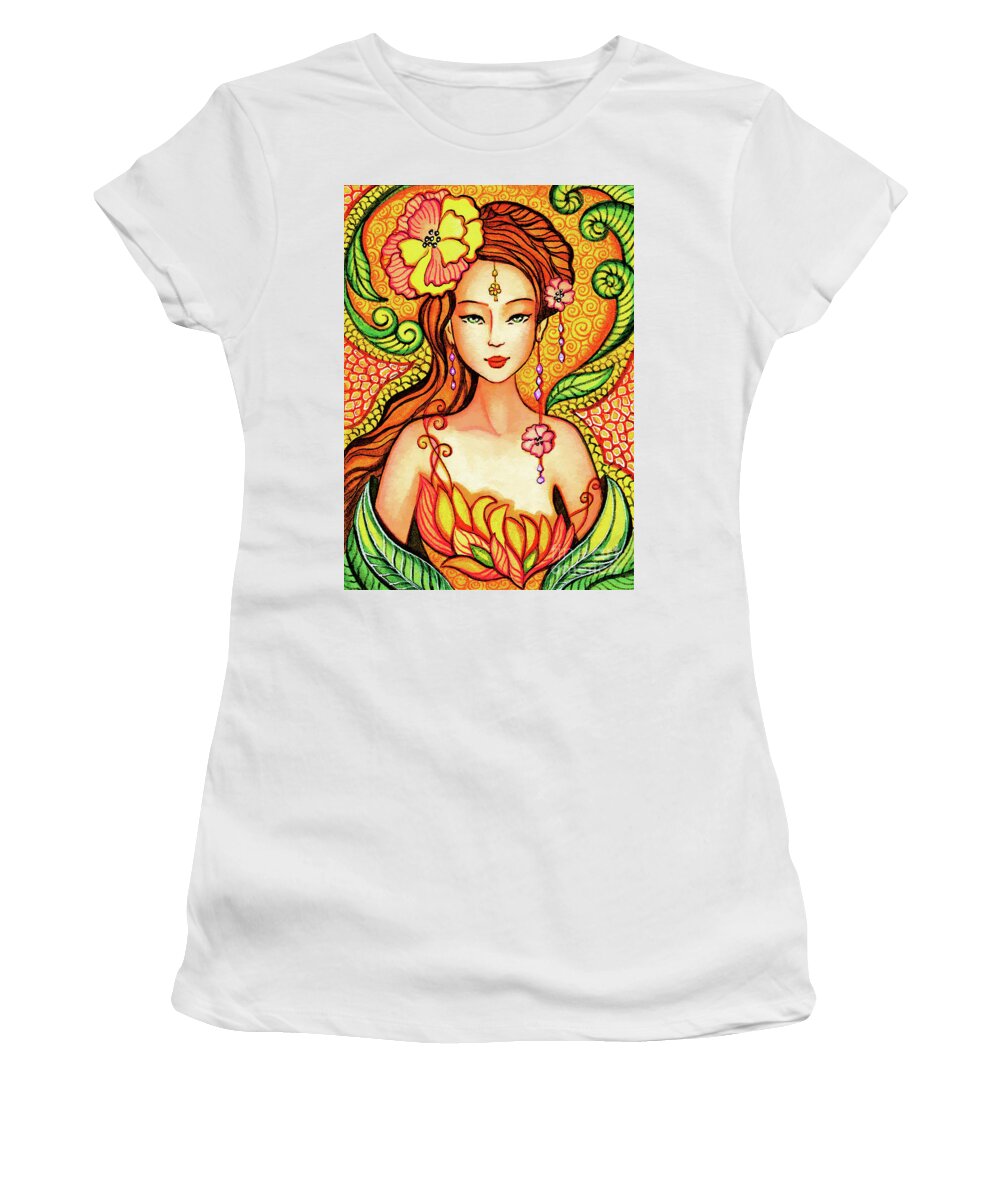 Asian Woman Women's T-Shirt featuring the painting Asian Flower Mermaid by Eva Campbell
