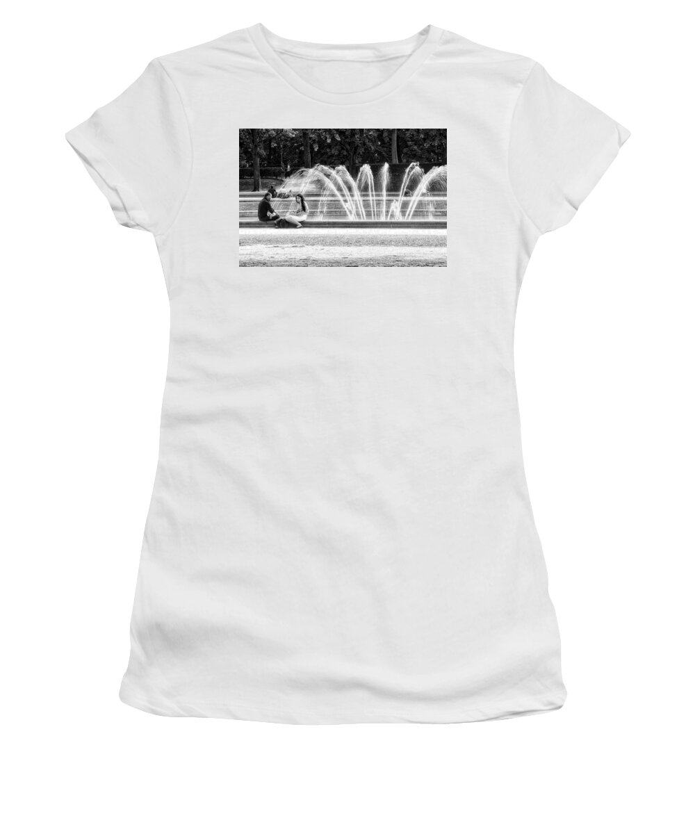 B&w Women's T-Shirt featuring the photograph At the Fountain by Ingrid Dendievel