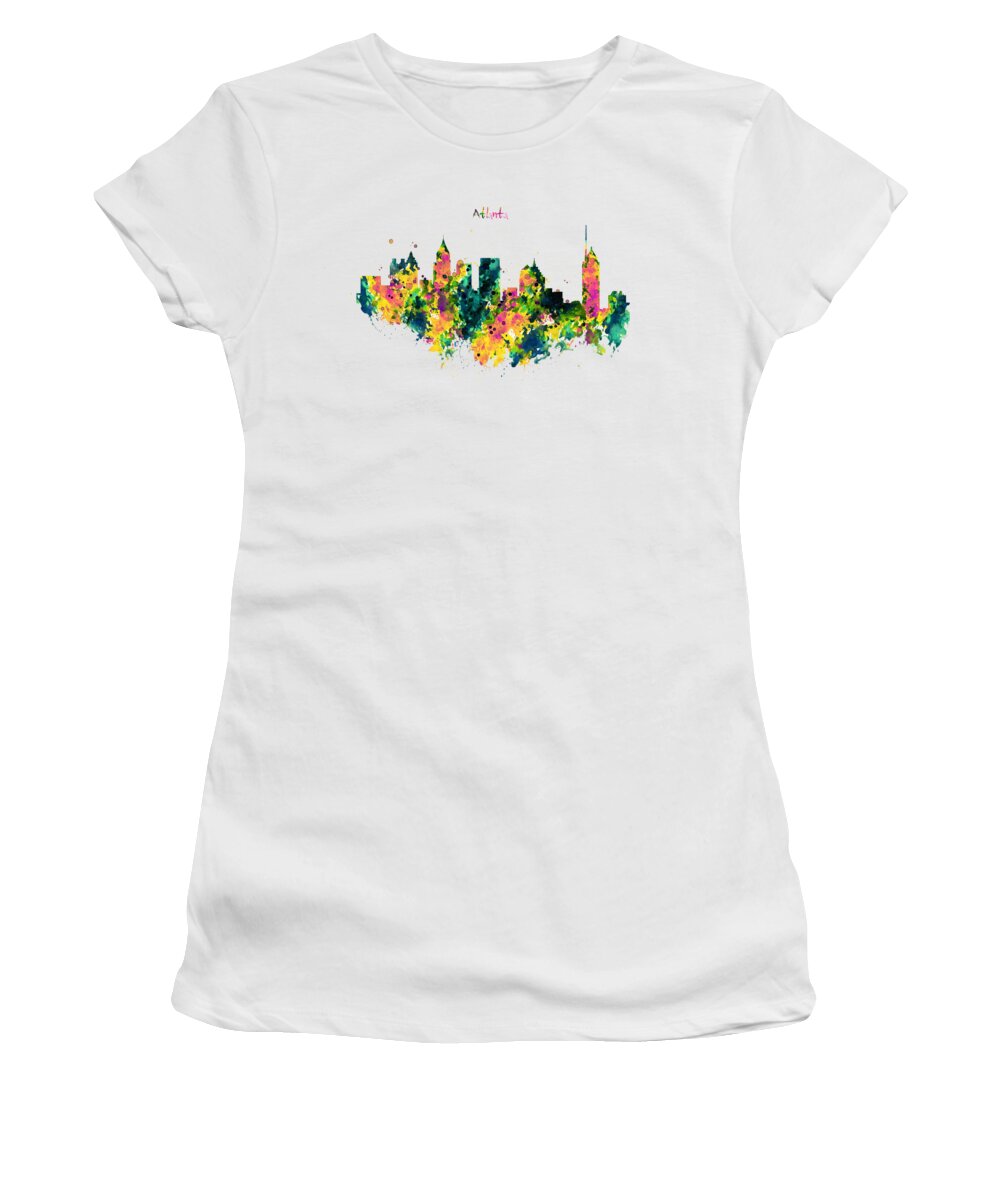 Marian Voicu Women's T-Shirt featuring the painting Atlanta Watercolor Skyline by Marian Voicu