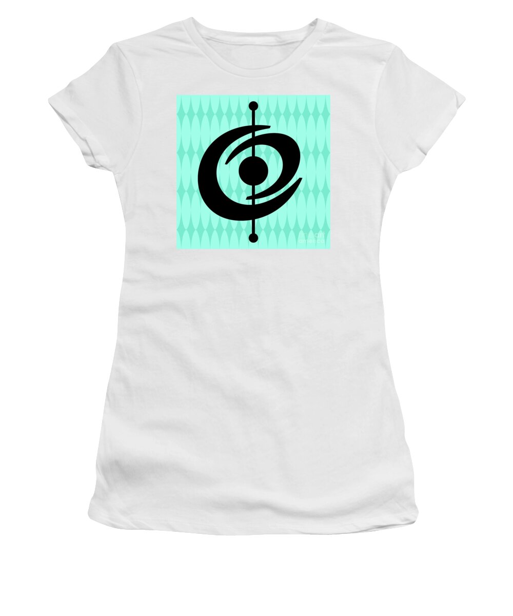 Mid Century Modern Women's T-Shirt featuring the digital art Atomic Shape 2 on Aqua by Donna Mibus