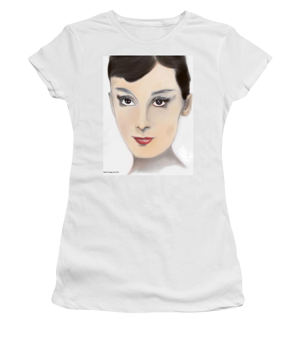 Audrey Hepburn Women's T-Shirt featuring the drawing Audrey Hepburn Color by Dan Twyman