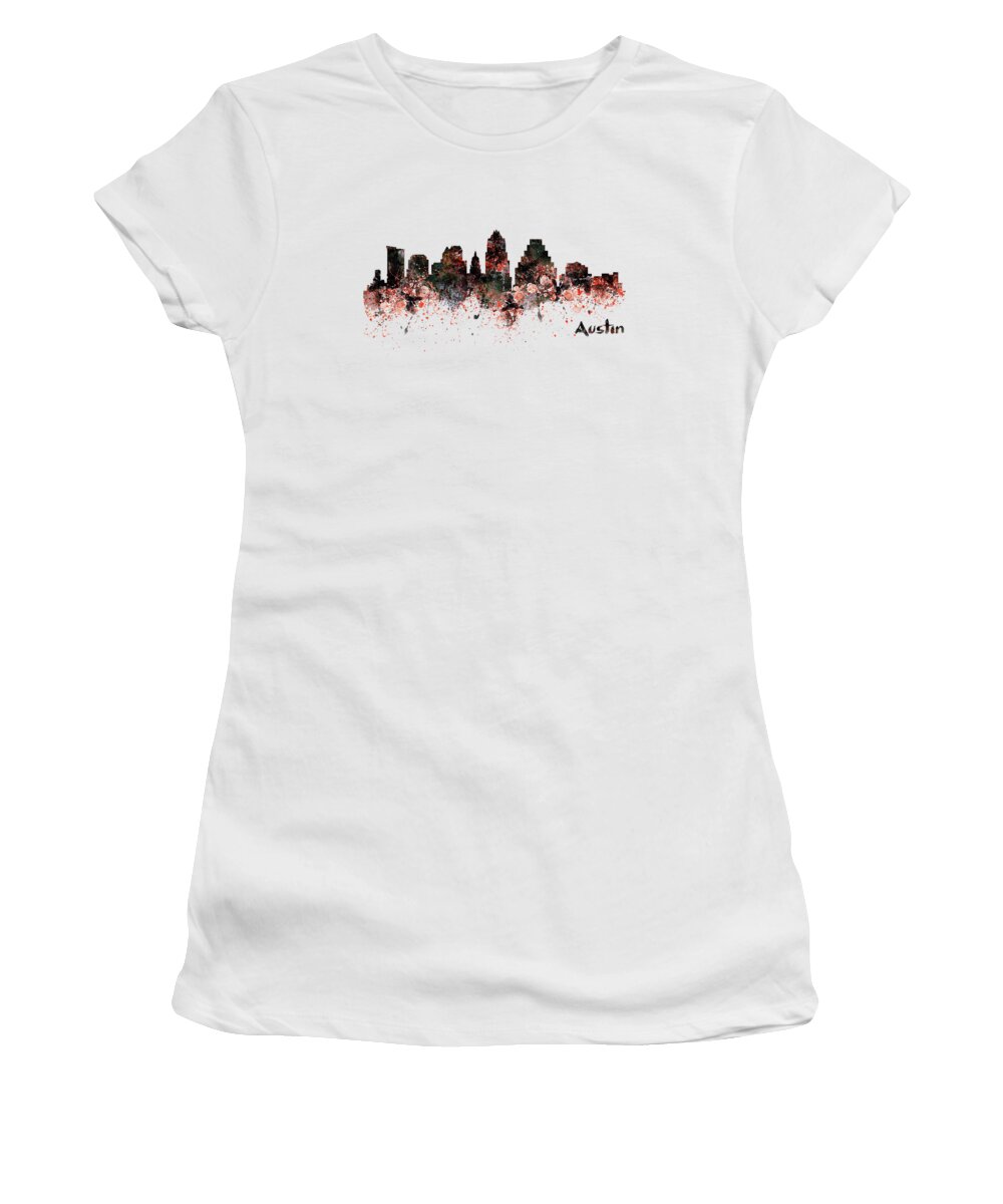 Marian Voicu Women's T-Shirt featuring the painting Austin Skyline by Marian Voicu