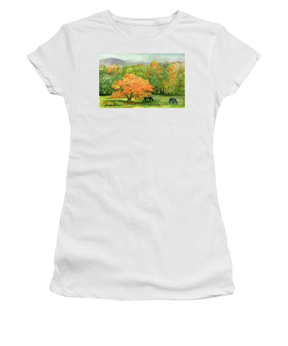 Watercolor Women's T-Shirt featuring the painting Autumn Maple with Horses Grazing by Laurie Rohner