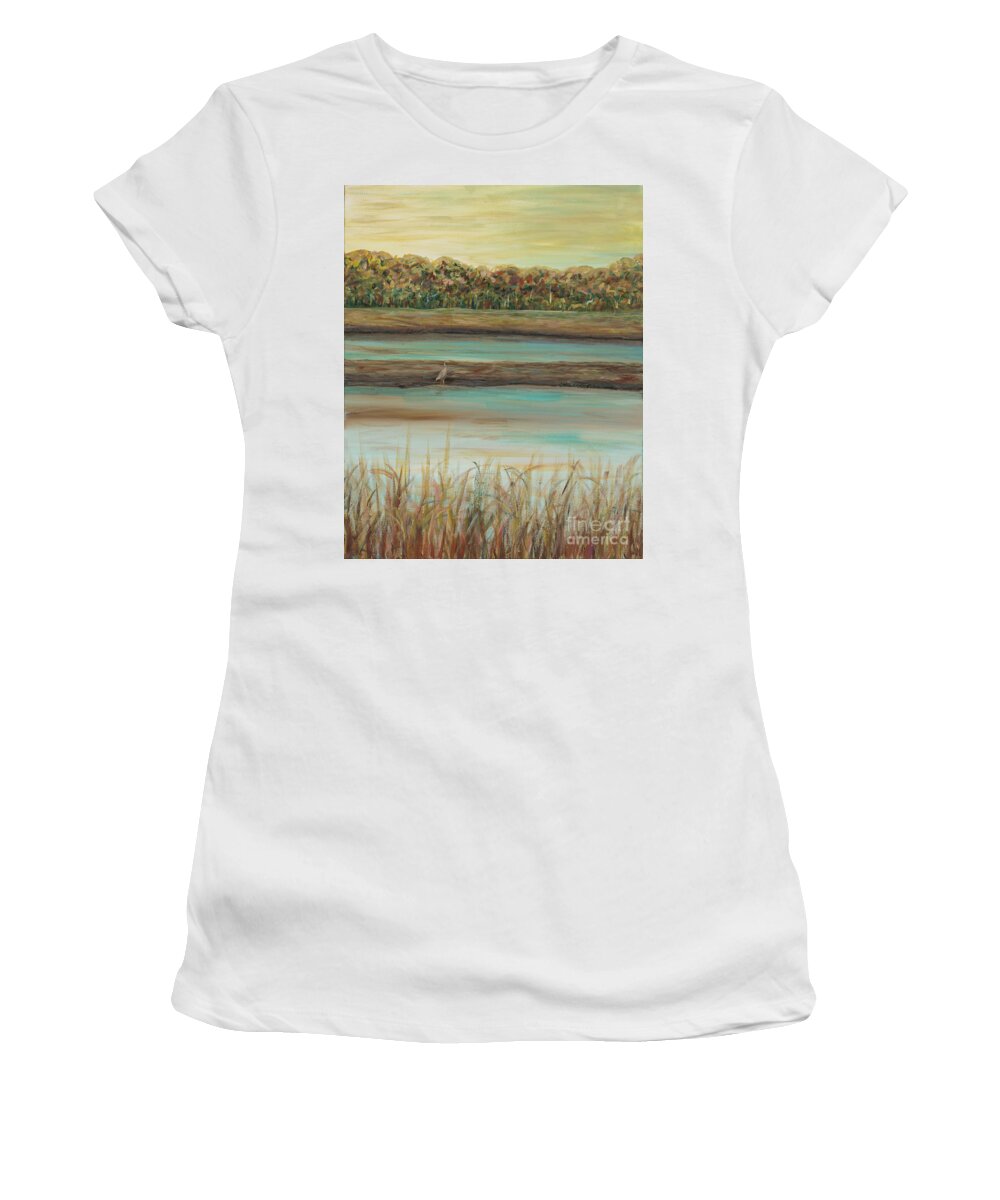 Bird Women's T-Shirt featuring the painting Autumn Marsh and Bird by Nadine Rippelmeyer
