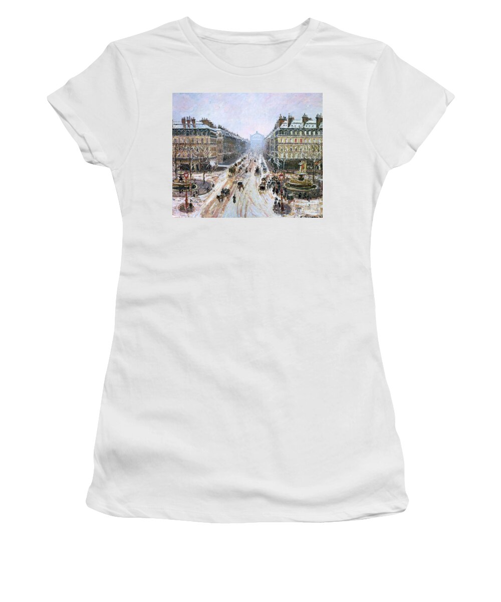 Avenue Women's T-Shirt featuring the painting Avenue de l'Opera - Effect of Snow by Camille Pissarro