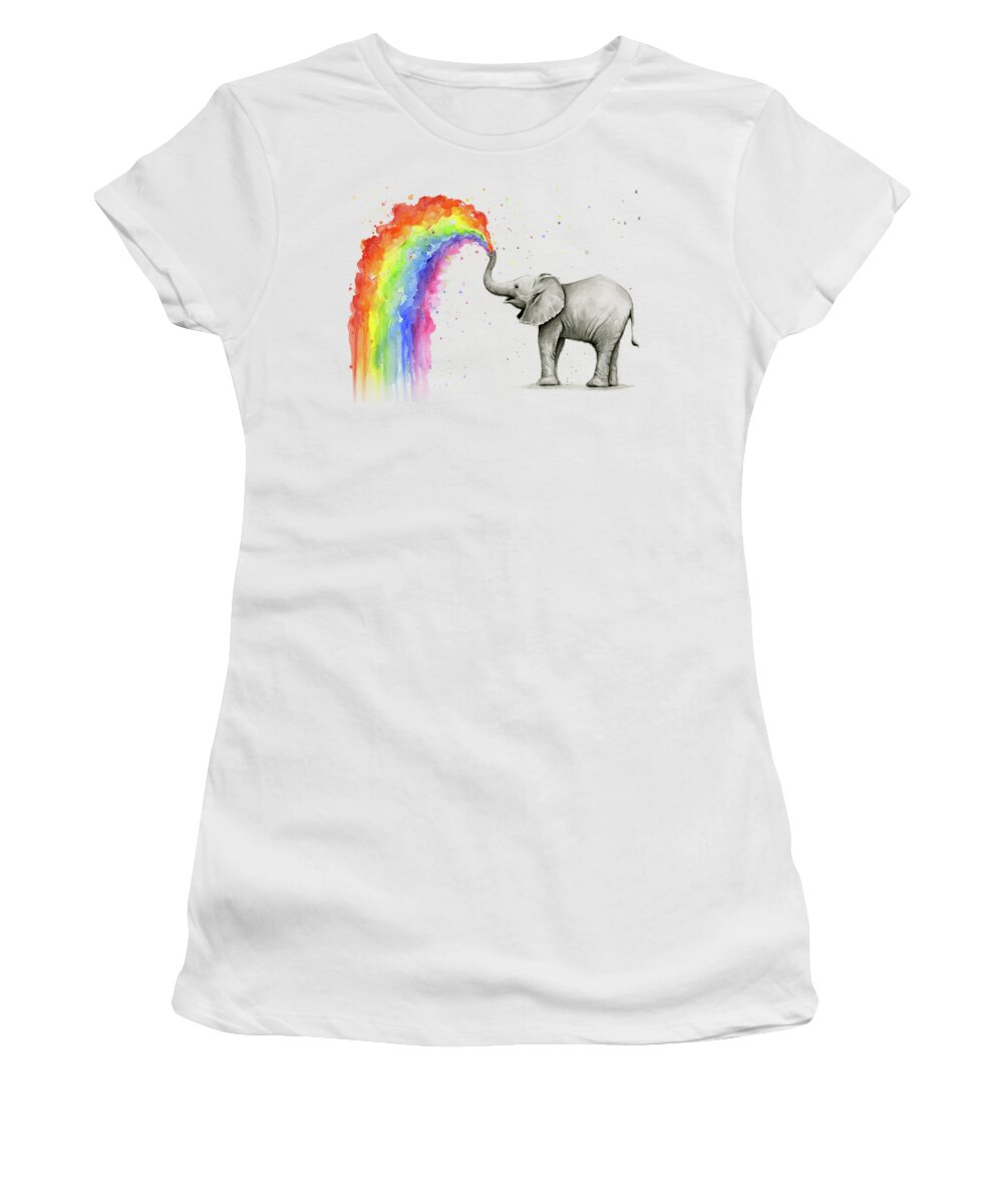 Baby Women's T-Shirt featuring the painting Baby Elephant Spraying Rainbow by Olga Shvartsur