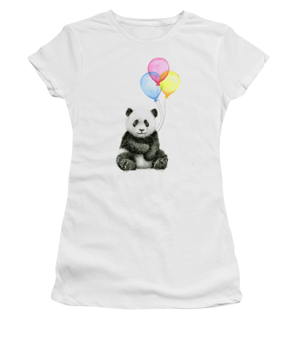 Baby Panda Women's T-Shirt featuring the painting Baby Panda Watercolor with Balloons by Olga Shvartsur