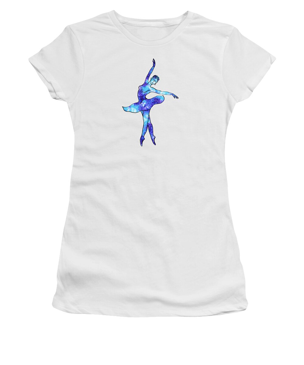 Ballerina Women's T-Shirt featuring the painting Ballerina Silhouette Blue Frost Dance by Irina Sztukowski