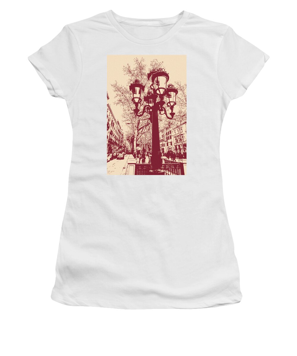 Las Ramblas Women's T-Shirt featuring the painting Barcelona, A walk down Las Ramblas - 2 by AM FineArtPrints