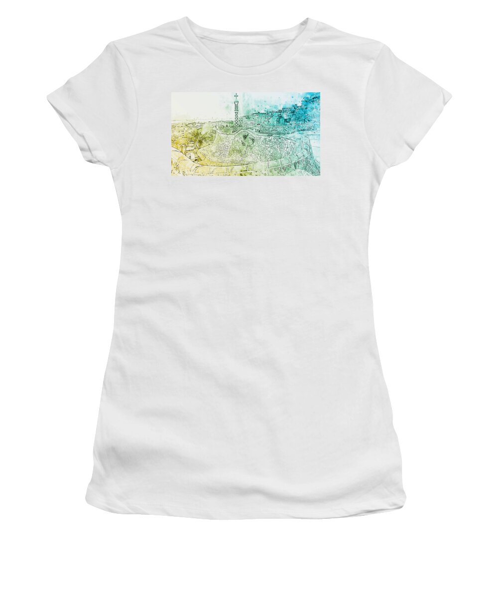 Barcelona Parc Guell Women's T-Shirt featuring the painting Barcelona, Parc Guell - 09 by AM FineArtPrints