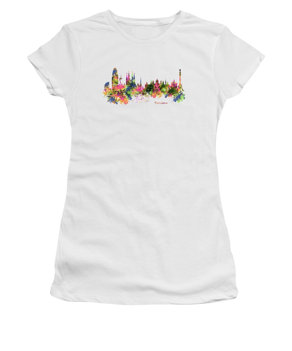 Marian Voicu Women's T-Shirt featuring the painting Barcelona Watercolor Skyline by Marian Voicu