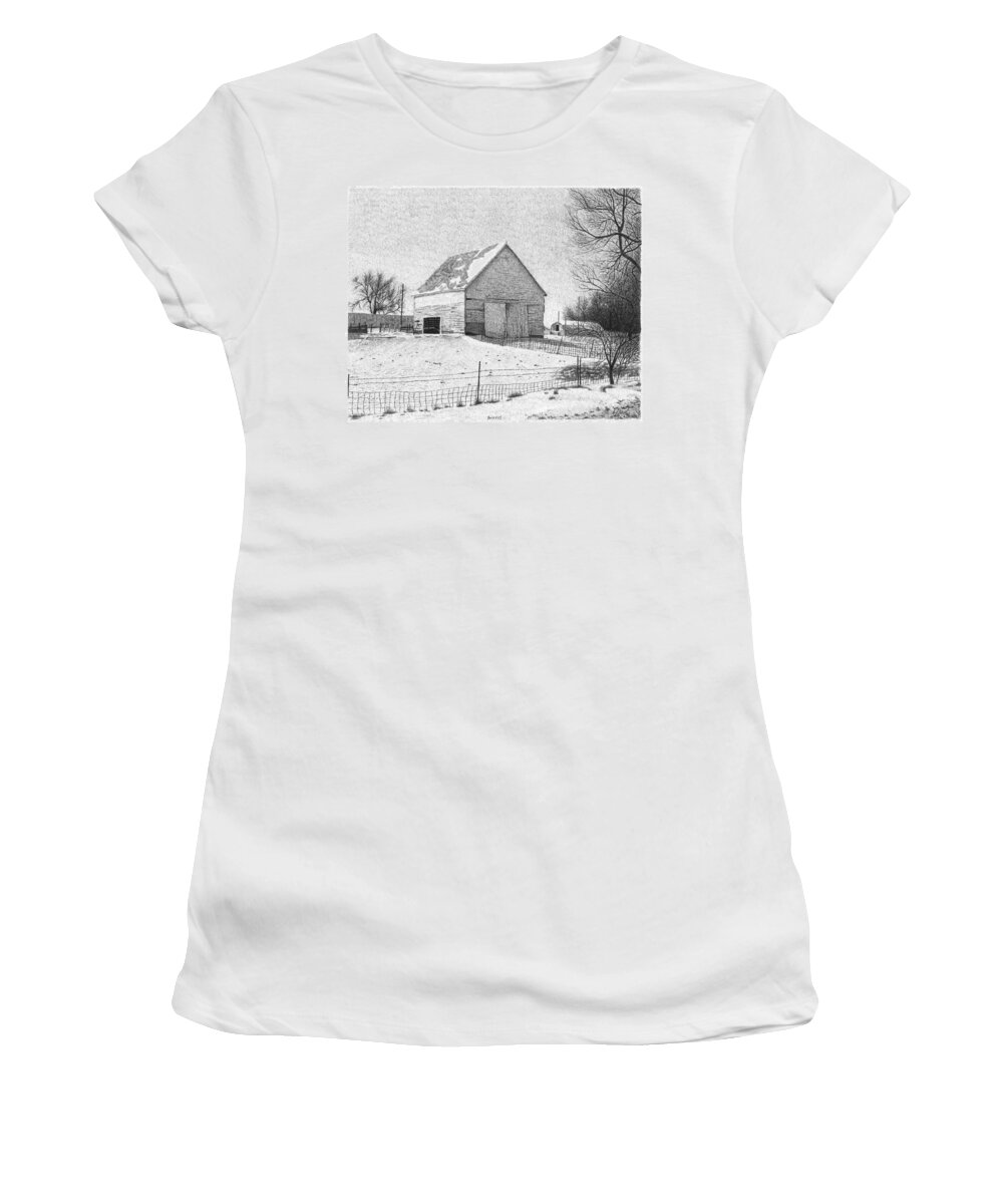 Corn Crib Women's T-Shirt featuring the drawing Barn 25 by Joel Lueck